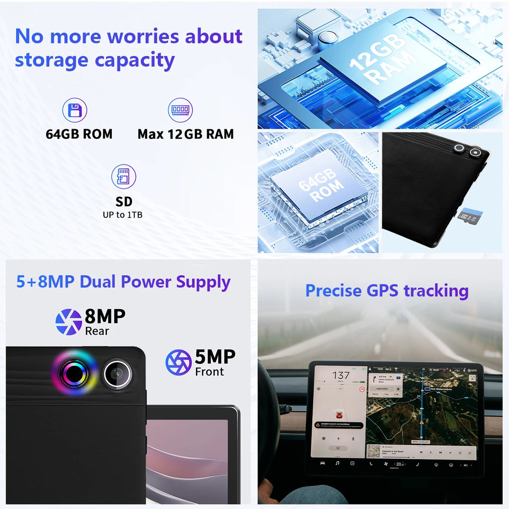A10L 10Inch Tablet Android 14 12GB RAM 64GB ROM 1TB Expand WiFi6 Face Unlock HD