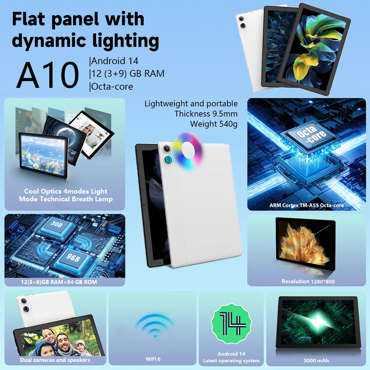 10 Inch Tablet Android 14 A523 Octa Core 12GB RAM 64GB ROM(TF 1TB) 5000mAh