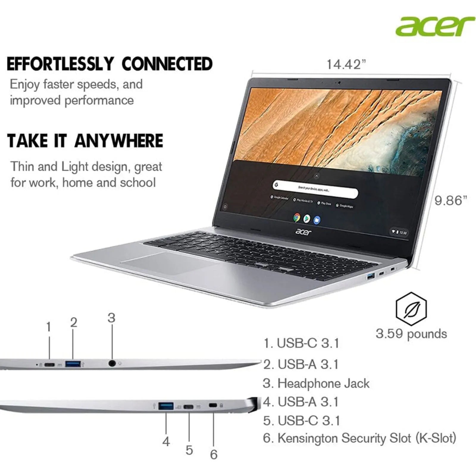 Acer Chromebook 315 Laptop for Business, 15.6" HD Display, Intel Celeron N4020, 4GB RAM 64GB eMMC