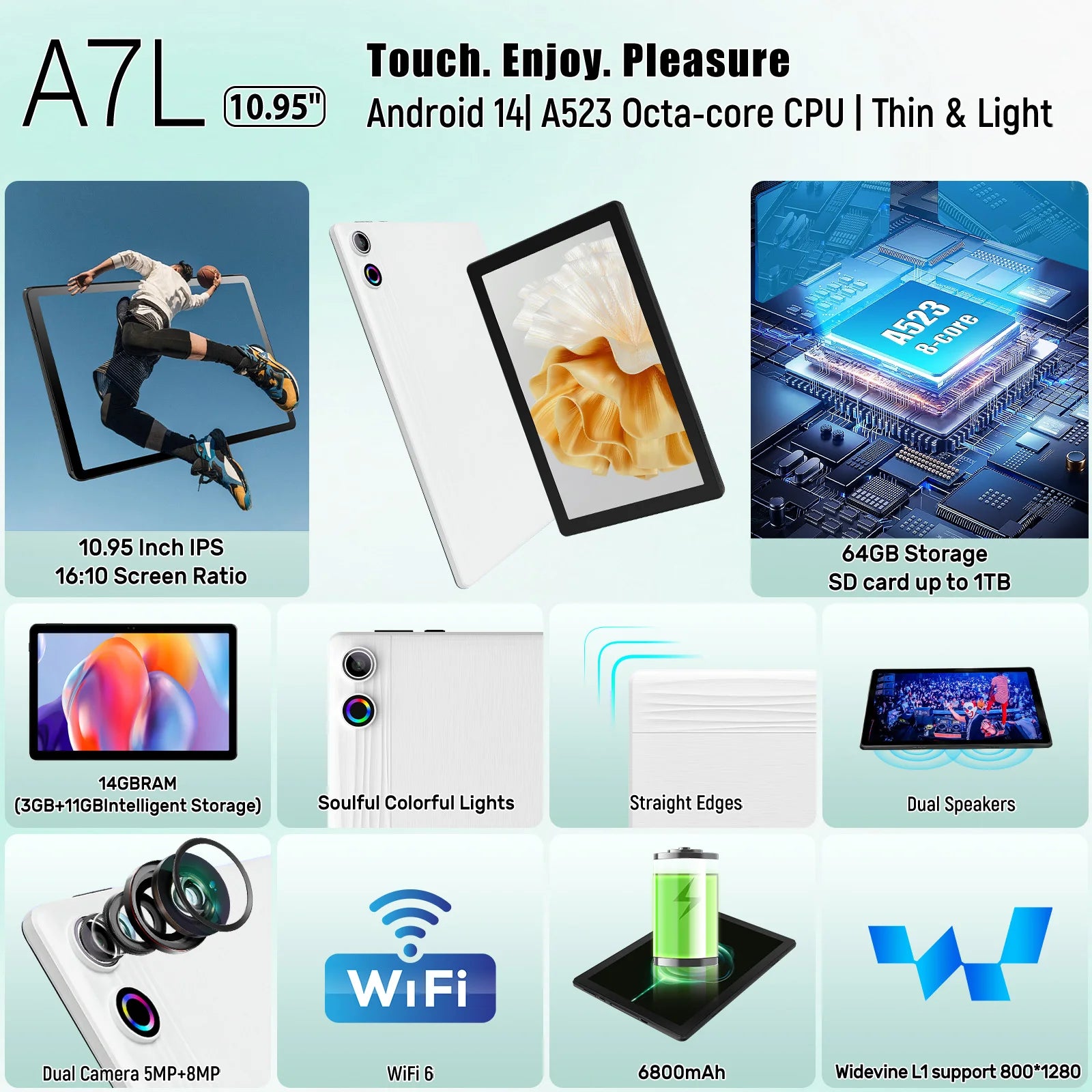 A7L 10.1 Inch Android 14 Tablet 14GB RAM 64GB ROM Octa-Core Processor HD IPS WiFi