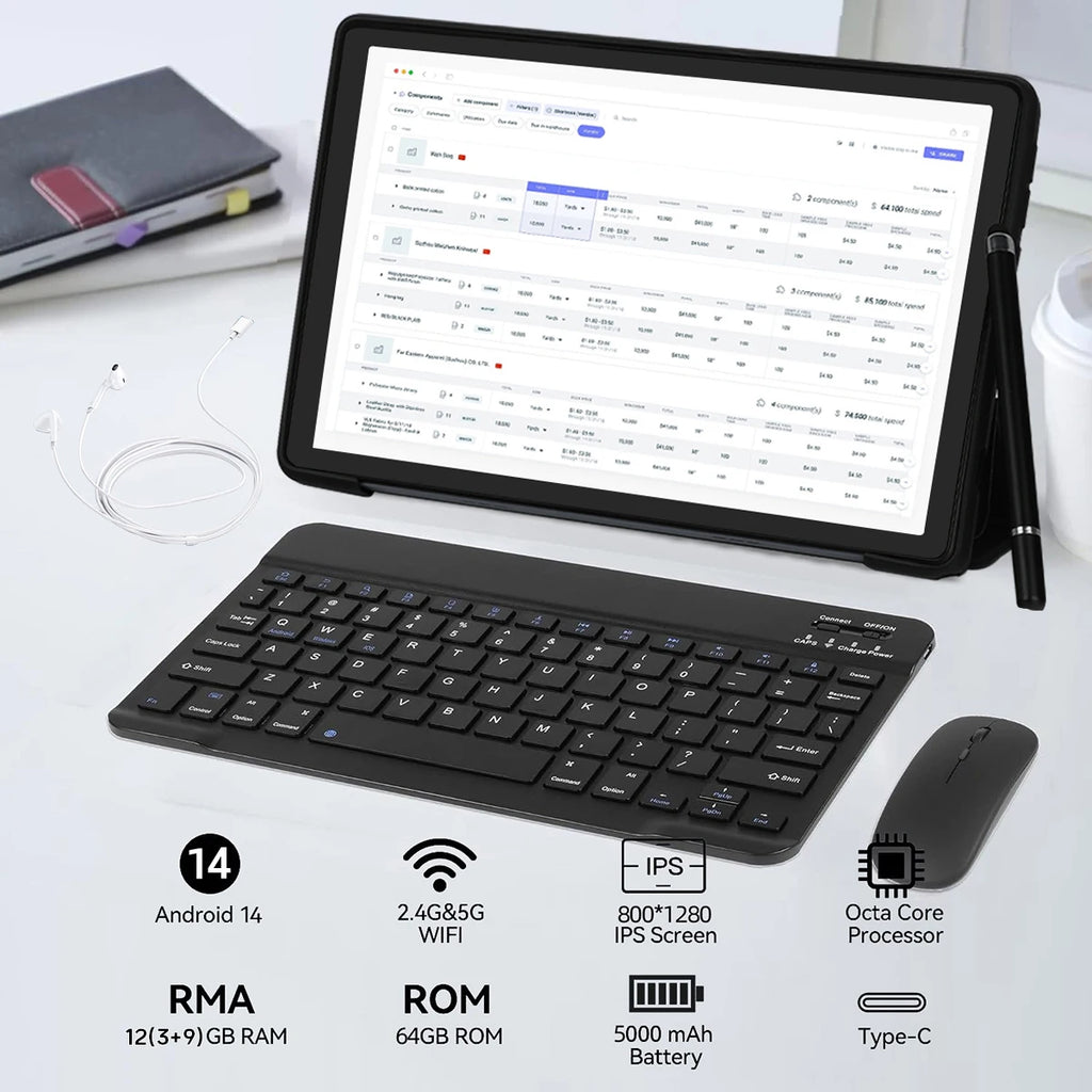 A10L 10Inch Tablet Android 14 12GB RAM 64GB ROM 1TB Expand WiFi6 Face Unlock HD