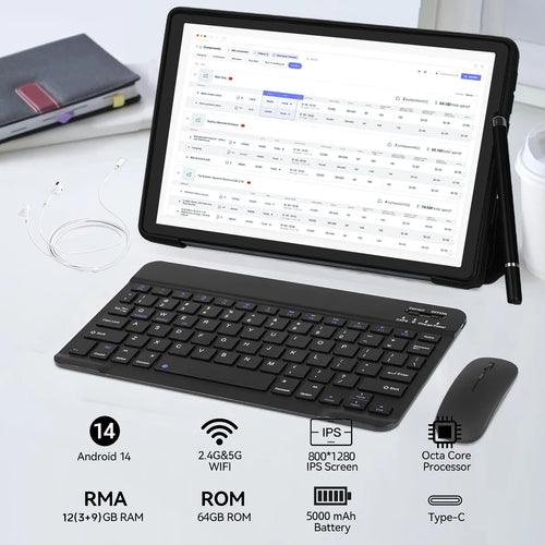 A10L 10Inch Tablet Android 14 12GB RAM 64GB ROM 1TB Expand WiFi6 Face Unlock HD