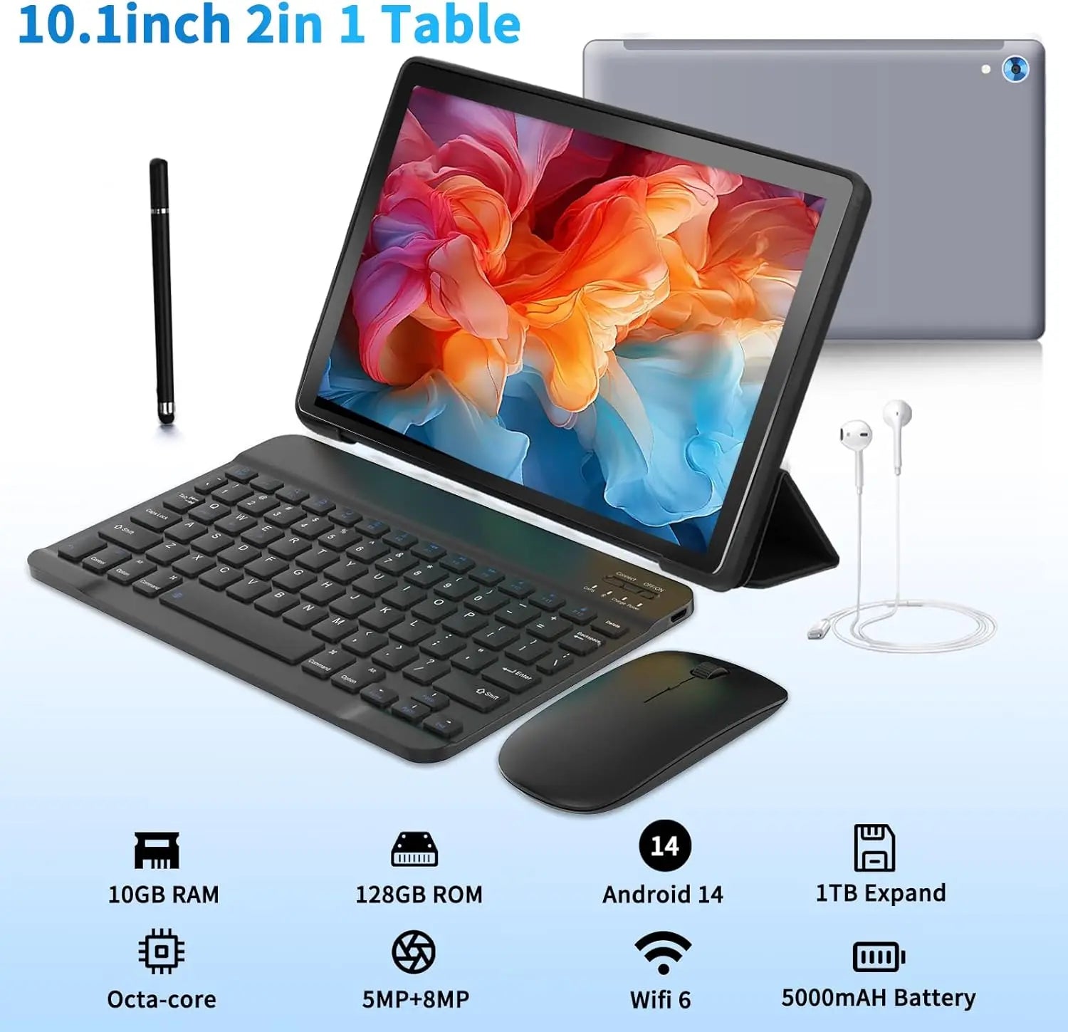 C108 Android Tablet 10.1 Inch Tablets Octa-Core 10GB RAM 128GB ROM With Case Headphones