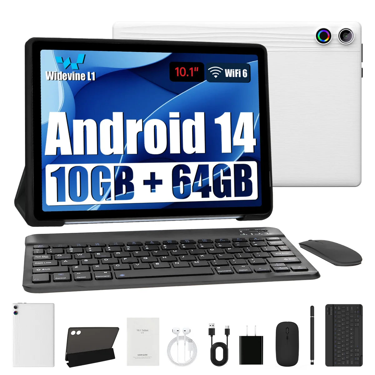 10.1 Inch Android 14 Tablet 12GB RAM 64GB ROM Widevine L1 Compatible IPS HD
