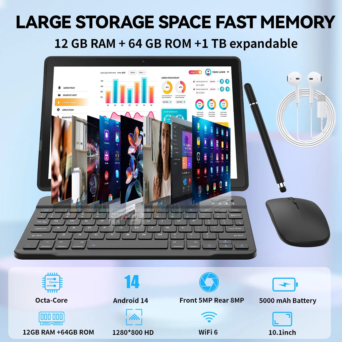 10.1 Inch Android 14 Tablet 12GB RAM 64GB ROM Widevine L1 Compatible IPS HD