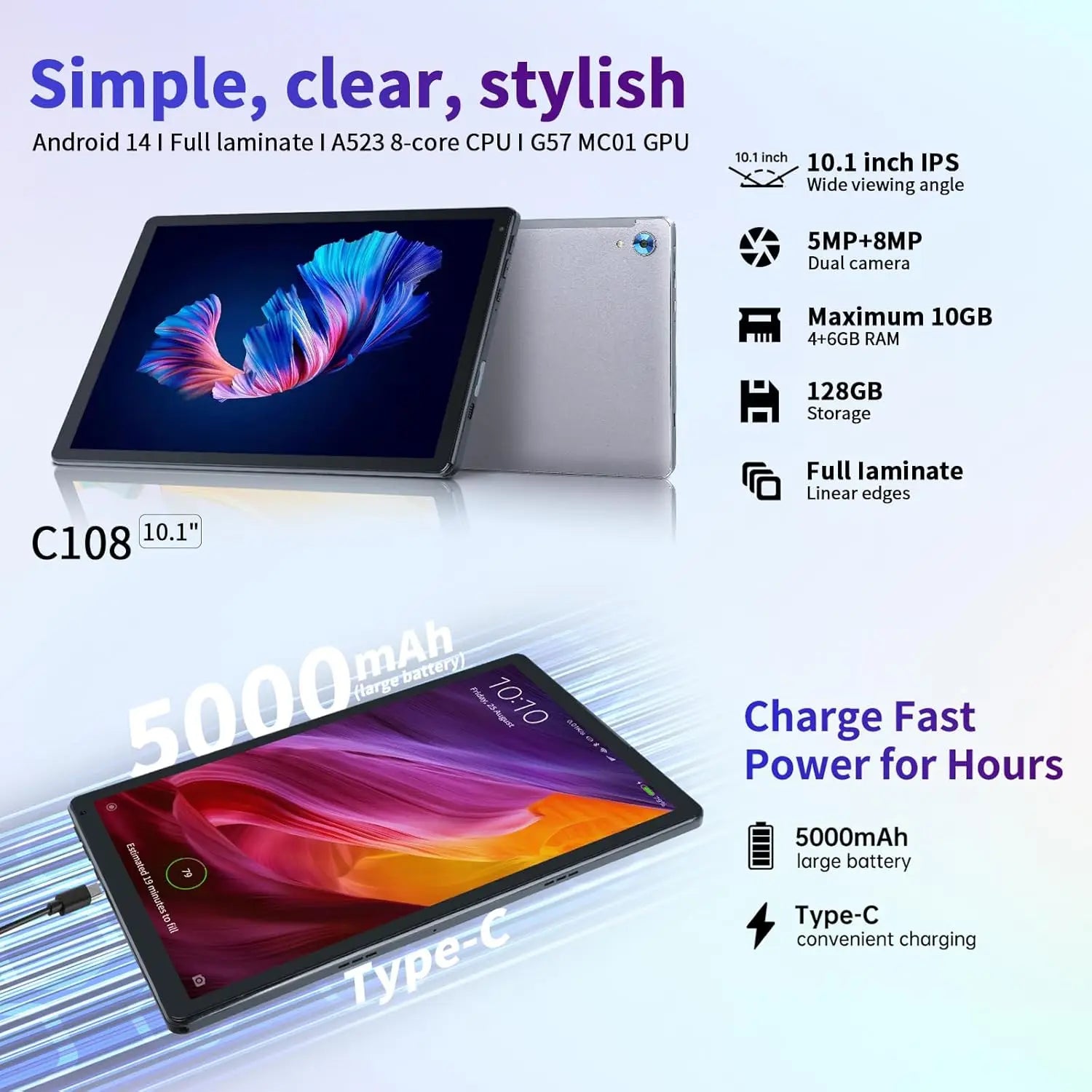 C108 Android Tablet 10.1 Inch Tablets Octa-Core 10GB RAM 128GB ROM With Case Headphones