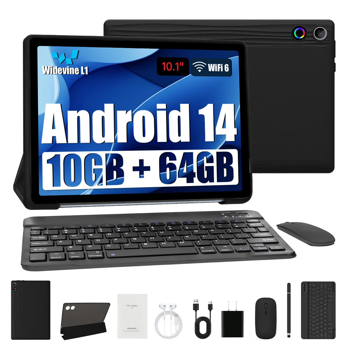 10.1 Inch Android 14 Tablet 12GB RAM 64GB ROM Widevine L1 Compatible IPS HD