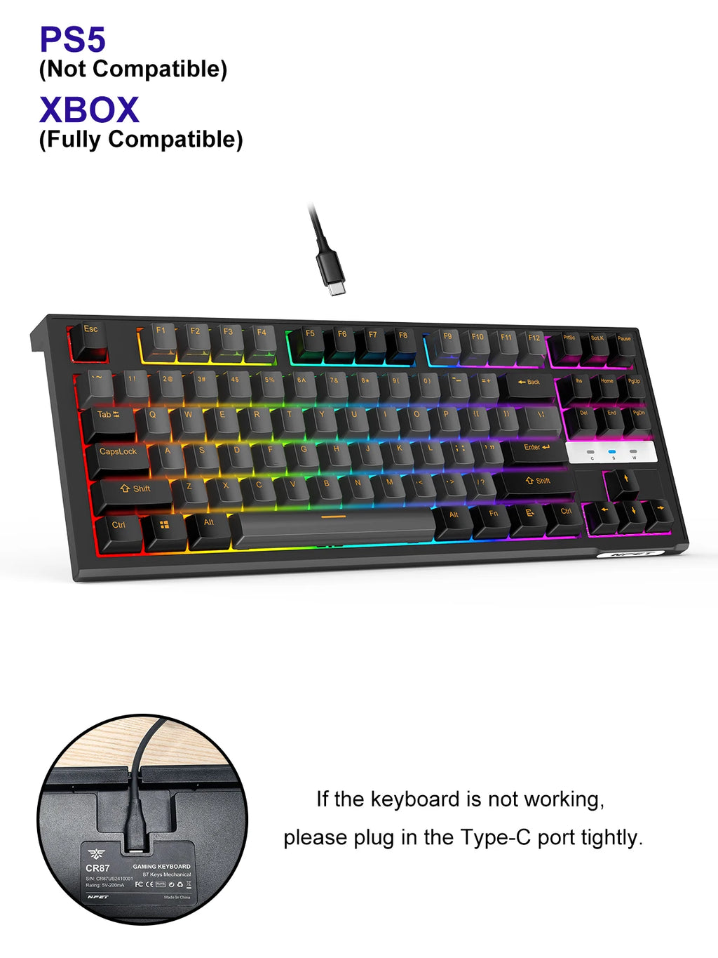 NPET 87 Keys RGB Mechanical Keyboard, Wired 20+ Backlit Modes, Ergonomic Hot Swappable Design