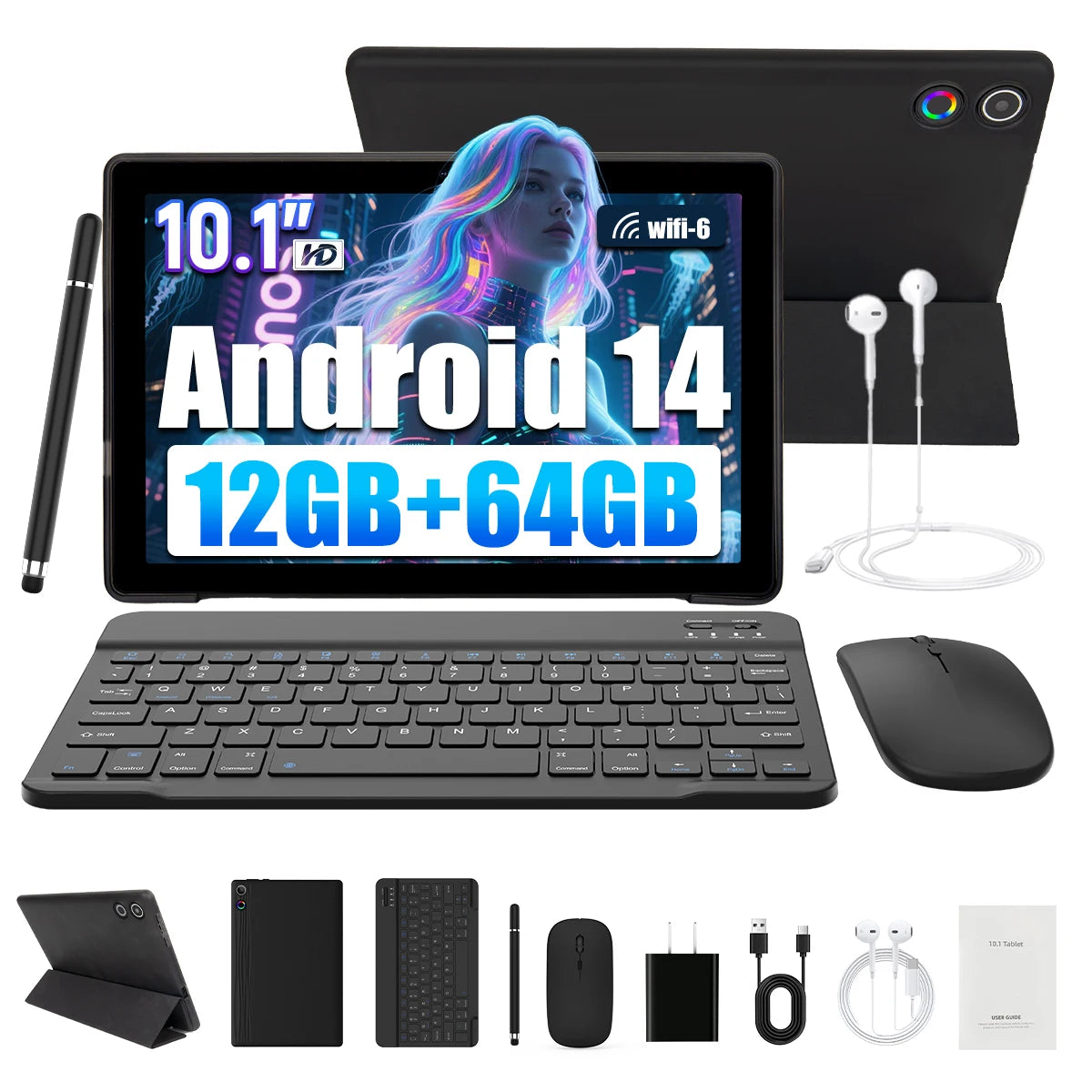 10.1 Inch Android 14 Tablet 12GB RAM 64GB ROM Face Unlock IPS HD Screen