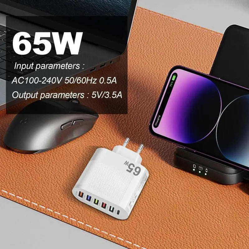 65W USB Charger 6 Ports Fast Charging PD Type C Phone Adapter