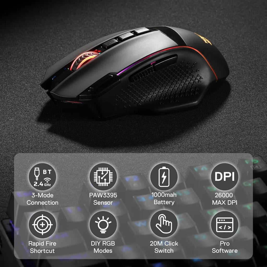 Redragon M991 Wireless Gaming Mouse 26000 DPI 3-Mode Gamer 9 Macro Buttons RGB Backlight