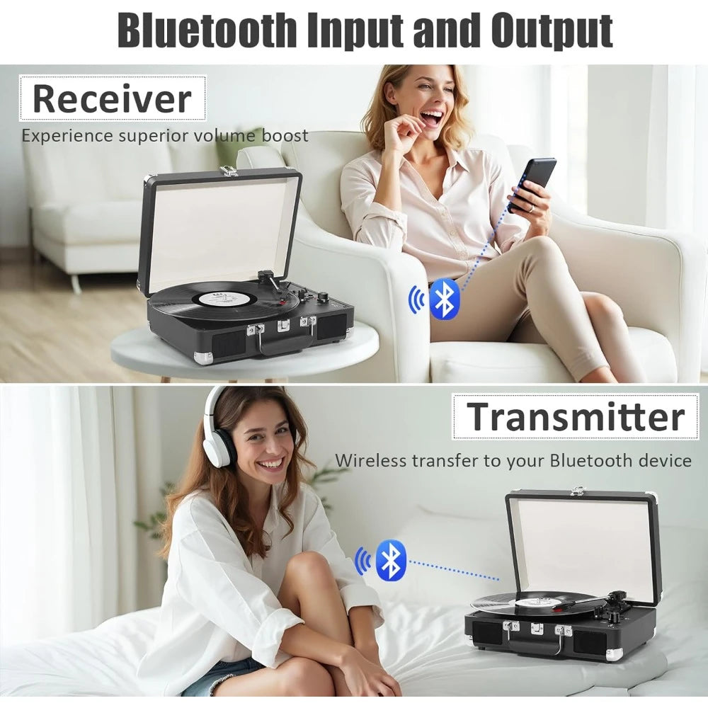 Portable Suitcase LP Player, 3-Speed Belt Drive, Bluetooth Vinyl Record Player