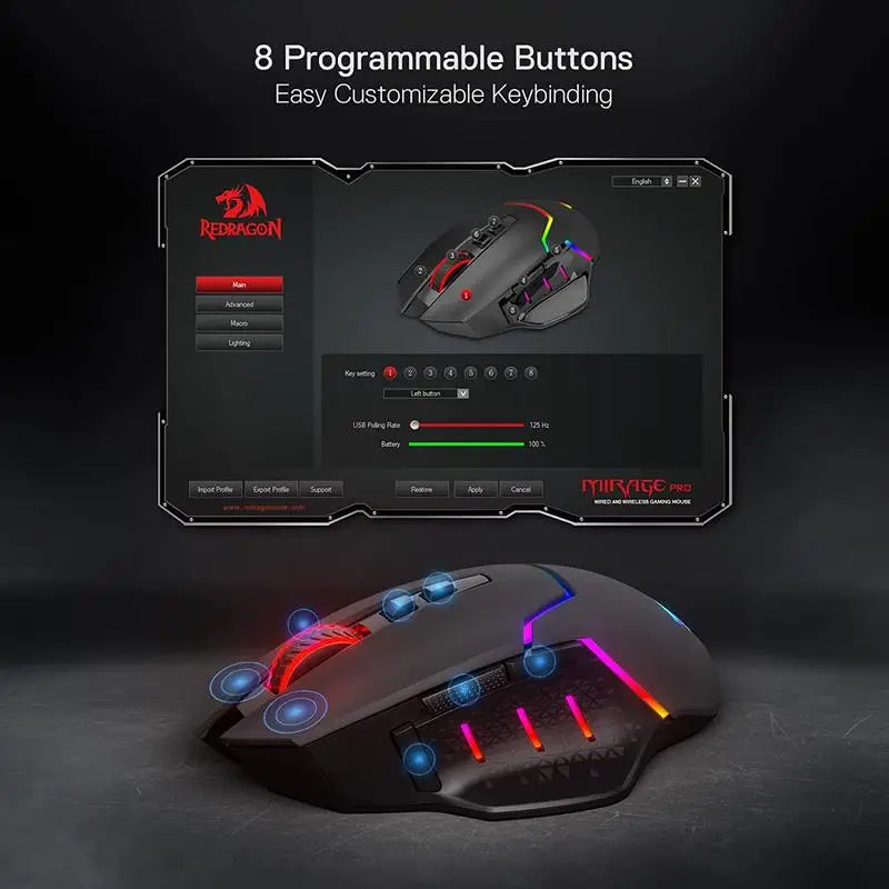 Redragon M690 PRO Wireless Gaming Mouse 8000 DPI Wired Mouse Rapid Fire Key 8 Macro Buttons
