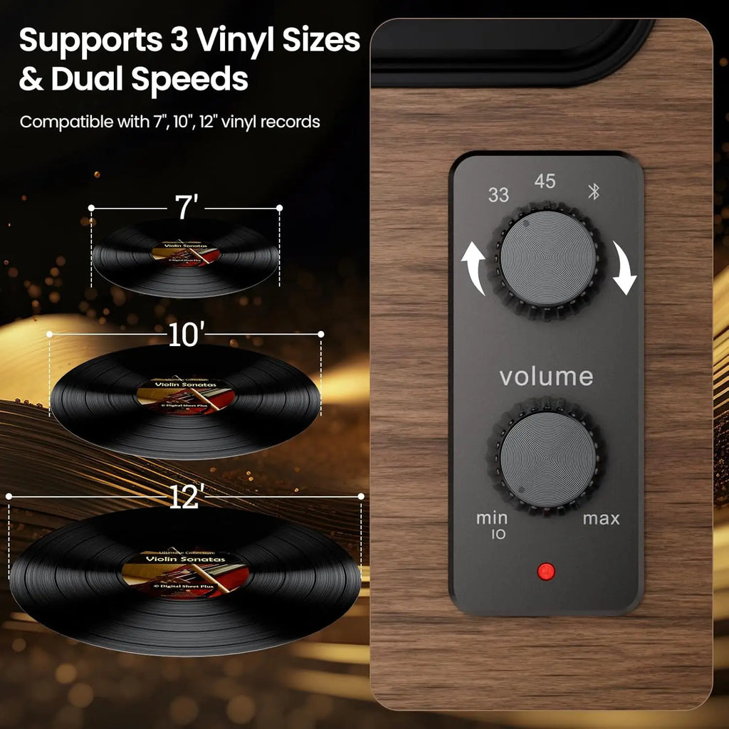 XJ-HOME All in One Vinyl Record Player with 4 Treble/Bass Stereo Speakers,Bluetooth AT-3600L,Phono Preamp,33/45RPM,2-Speed,AUX in/RCA Out