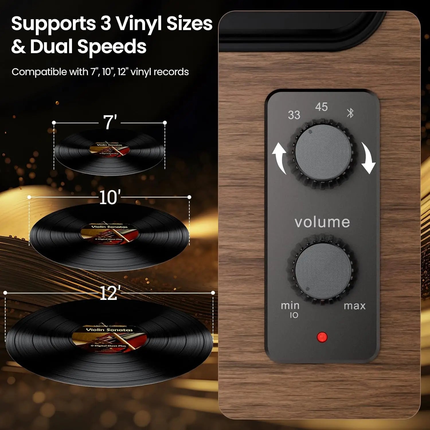 XJ-HOME All in One Vinyl Record Player with 4 Treble/Bass Stereo Speakers,Bluetooth AT-3600L,Phono Preamp,33/45RPM,2-Speed,AUX in/RCA Out