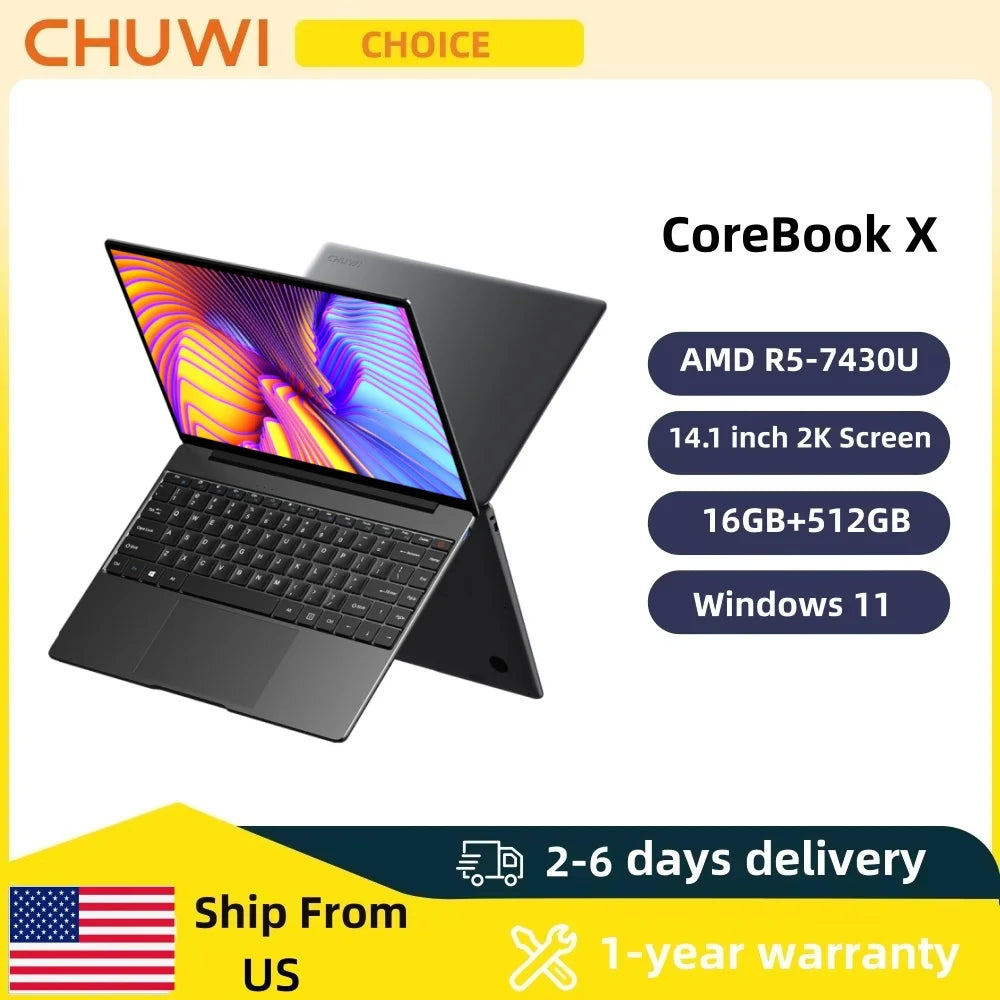 CHUWI CoreBook X Gaming Laptop AMD R5-7430U 16GB DDR4 RAM 512GB SSD 14.1 inch 2K Screen  Windows 11