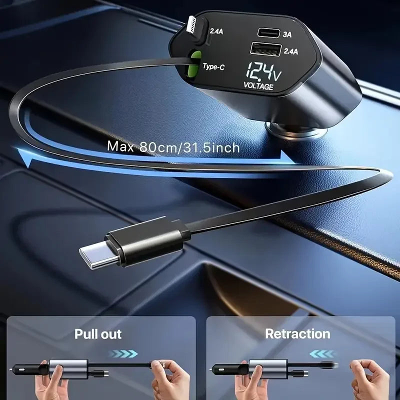 4 in 1 120W Car Charger Retractable Car Cigarette Lighter Adapter USB Type C Fast Charger Cable