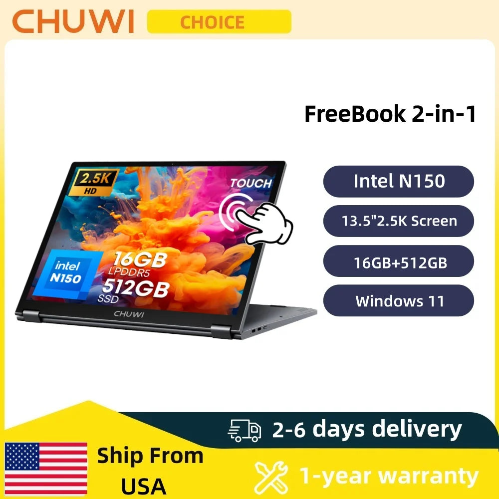 CHUWI FreeBook 2-in-1 Laptop 13.5'' Intel N150(UP to 3.6GHz) 16GB LPDDR5 RAM 512GB SSD  Windows 11