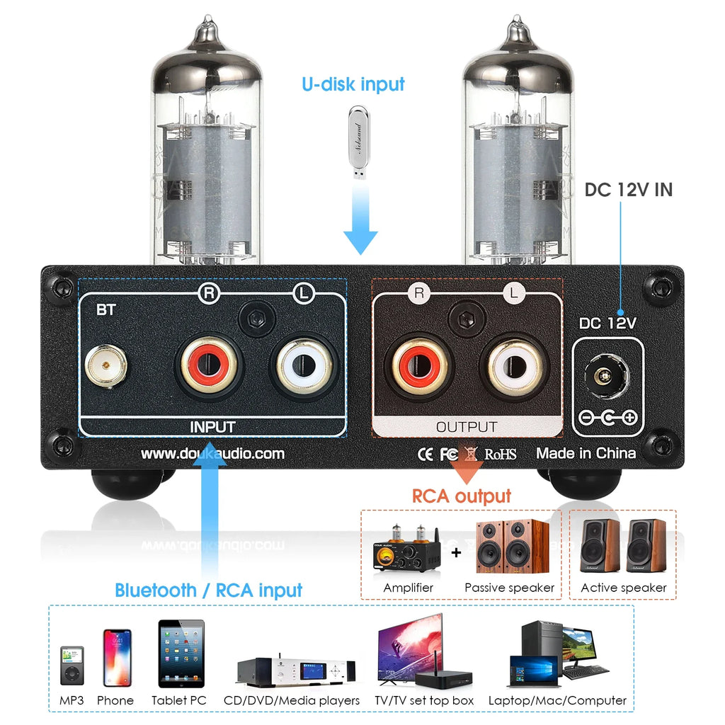 Nobsound HiFi Valve Tube Preamp Bluetooth 5.0 Receiver Home Stereo Audio Pre-Amplifier
