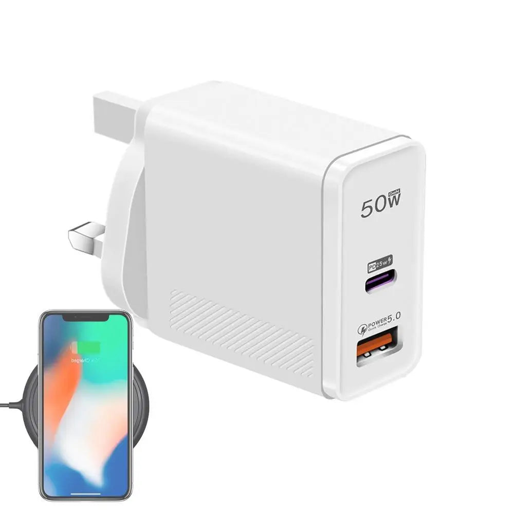 GaN Charger Plug 50W GaN Dual Port Wall Charger USB Charging Block Plug Station Hub USB C & QC Power Adapter For Tablets Smart