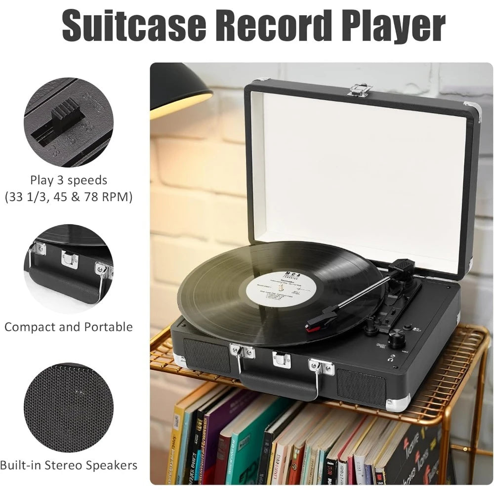 Portable Suitcase LP Player, 3-Speed Belt Drive, Bluetooth Vinyl Record Player