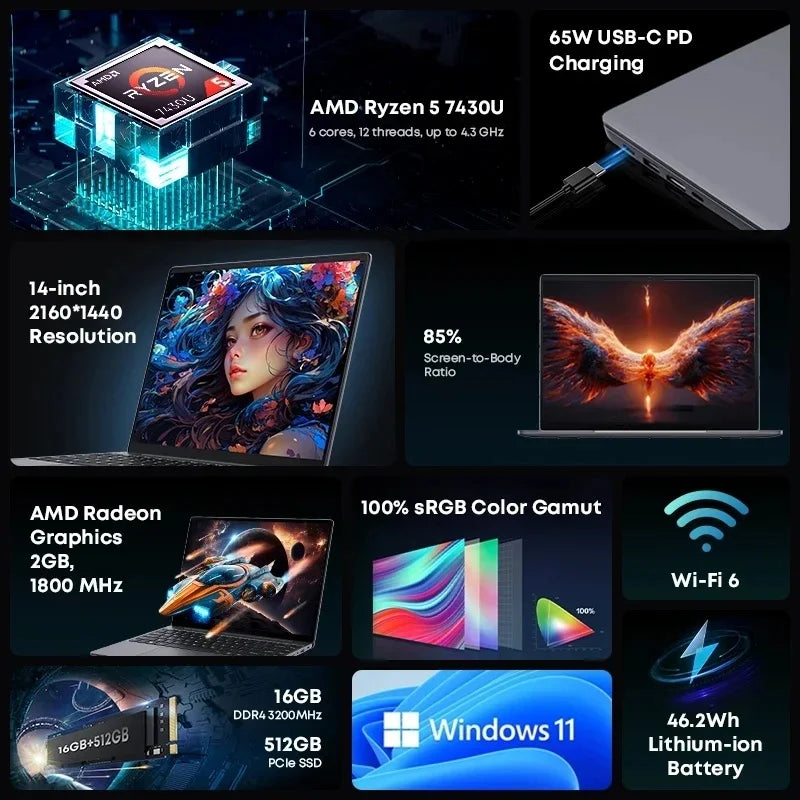 CHUWI CoreBook X Gaming Laptop AMD R5-7430U 16GB DDR4 RAM 512GB SSD 14.1 inch 2K Screen  Windows 11