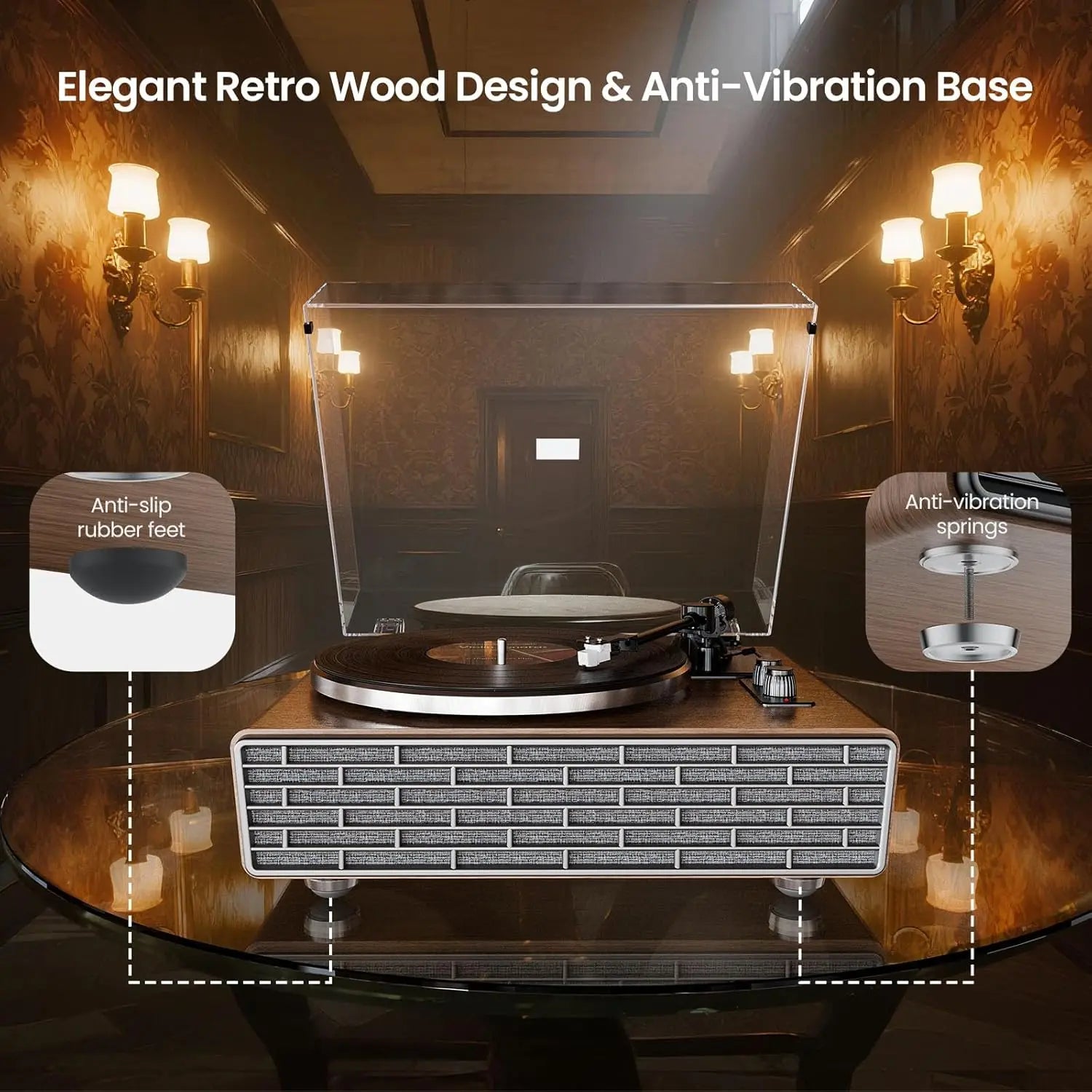 XJ-HOME All in One Vinyl Record Player with 4 Treble/Bass Stereo Speakers,Bluetooth AT-3600L,Phono Preamp,33/45RPM,2-Speed,AUX in/RCA Out