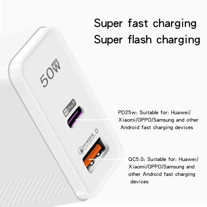 GaN Charger Plug 50W GaN Dual Port Wall Charger USB Charging Block Plug Station Hub USB C & QC Power Adapter For Tablets Smart