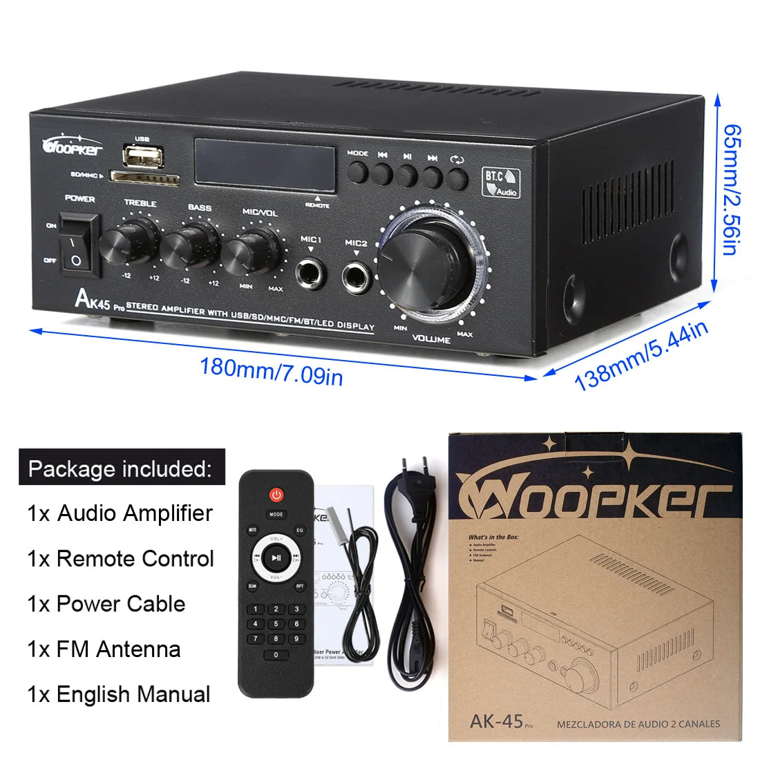 Woopker AK45 Pro Audio Amplifier Max Output 820W Channel 2.0 Bluetooth AMP Karaoke