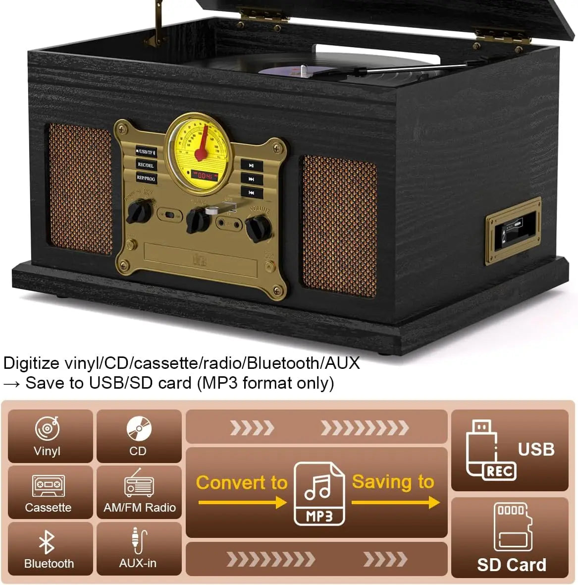 10-in-1 Vintage Bluetooth Turntable with Speakers, Vinyl CD Cassette Player & AM/FM Radio