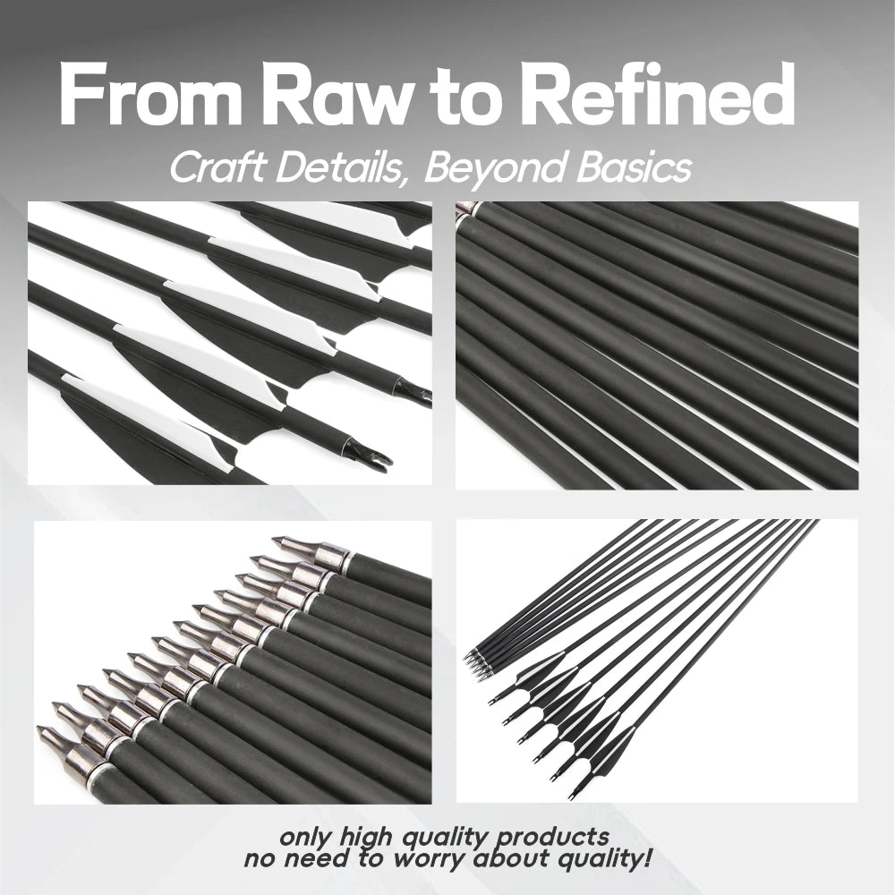 Mixed Carbon Arrows 12pcs 30/31.7 Inch Spine 500 with 3" Rubber Vanes 100 Grain Tips