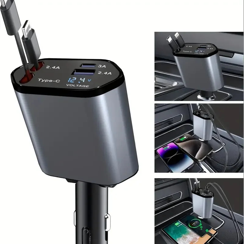 4 in 1 120W Car Charger Retractable Car Cigarette Lighter Adapter USB Type C Fast Charger Cable