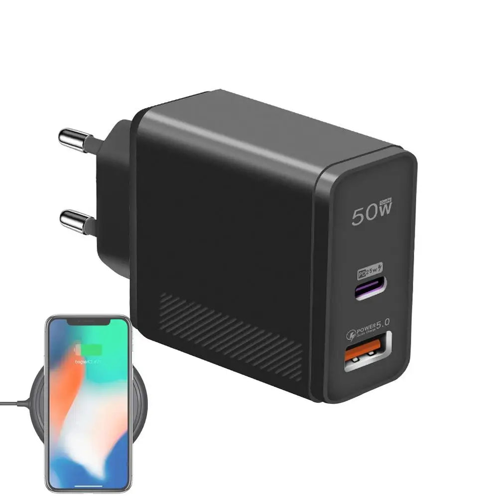GaN Charger Plug 50W GaN Dual Port Wall Charger USB Charging Block Plug Station Hub USB C & QC Power Adapter For Tablets Smart
