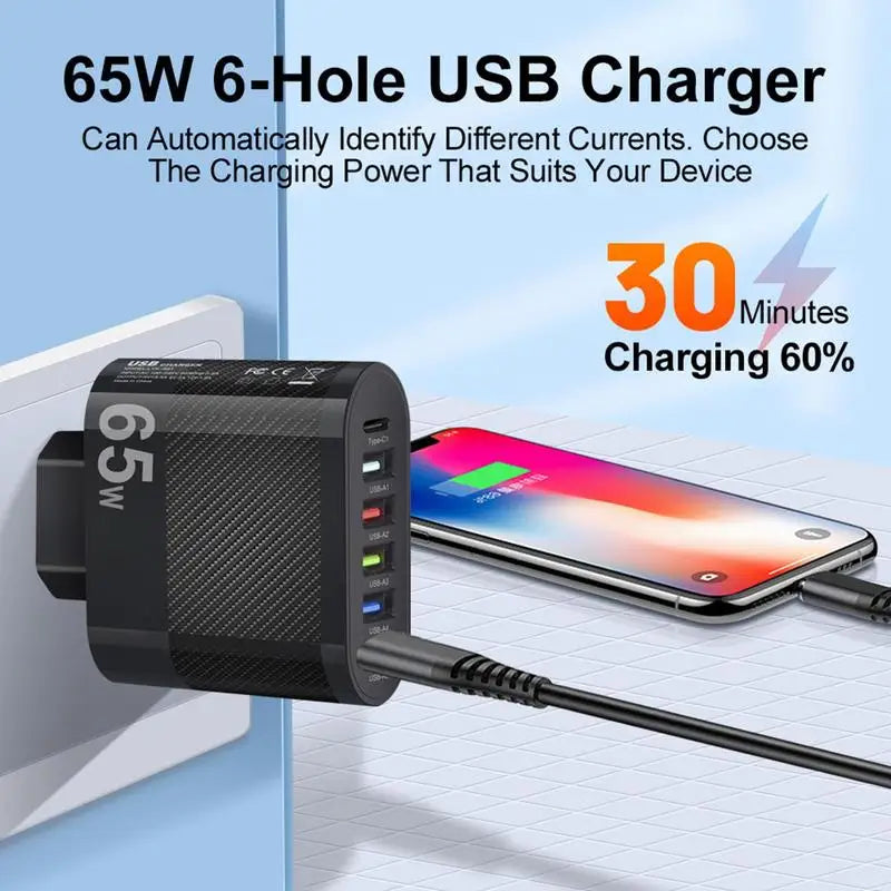 65W USB Charger 6 Ports Fast Charging PD Type C Phone Adapter