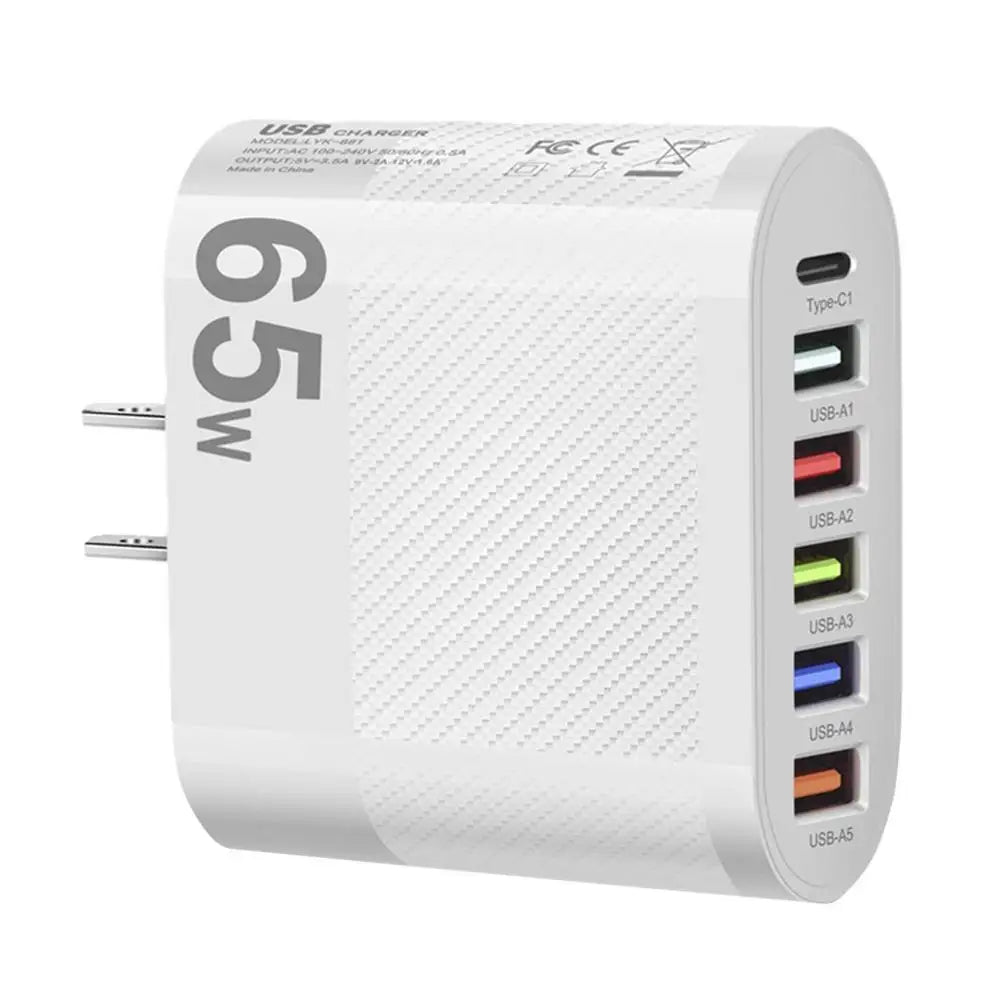 65W USB Charger 6 Ports Fast Charging PD Type C Phone Adapter
