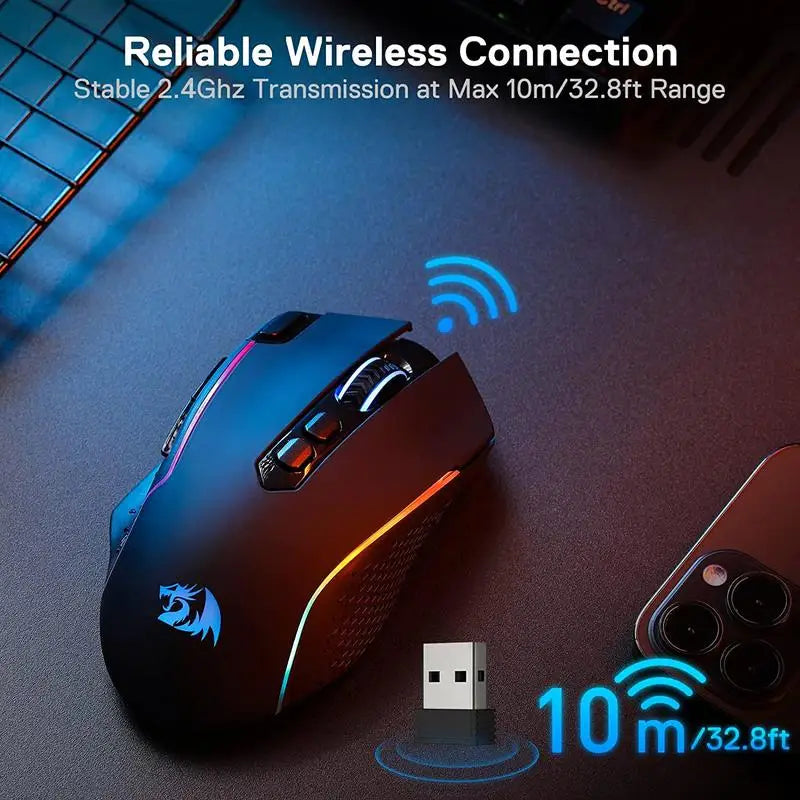 Redragon M810 Pro Wireless Gaming Mouse, 10000 DPI Wired Gamer Mouse w/ Rapid Fire Key