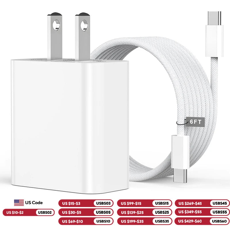 40W PD Fast Charger For iPhone 17 16 15 Pro Max USB C to C Fast Charging Cable For Samsung S25 S24 AirPods