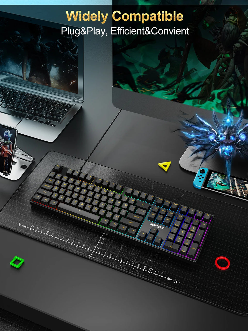 NPET 87 Keys RGB Mechanical Keyboard, Wired 20+ Backlit Modes, Ergonomic Hot Swappable Design