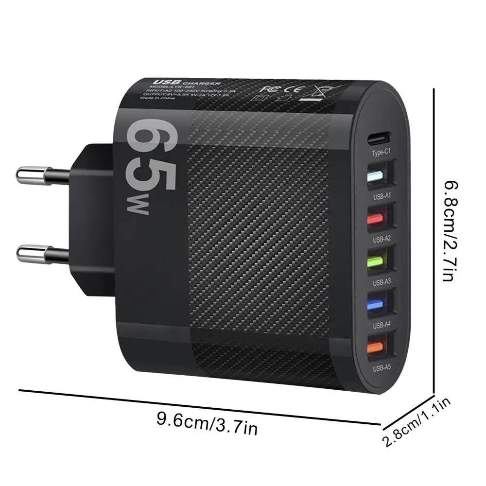 65W USB Charger 6 Ports Fast Charging PD Type C Phone Adapter