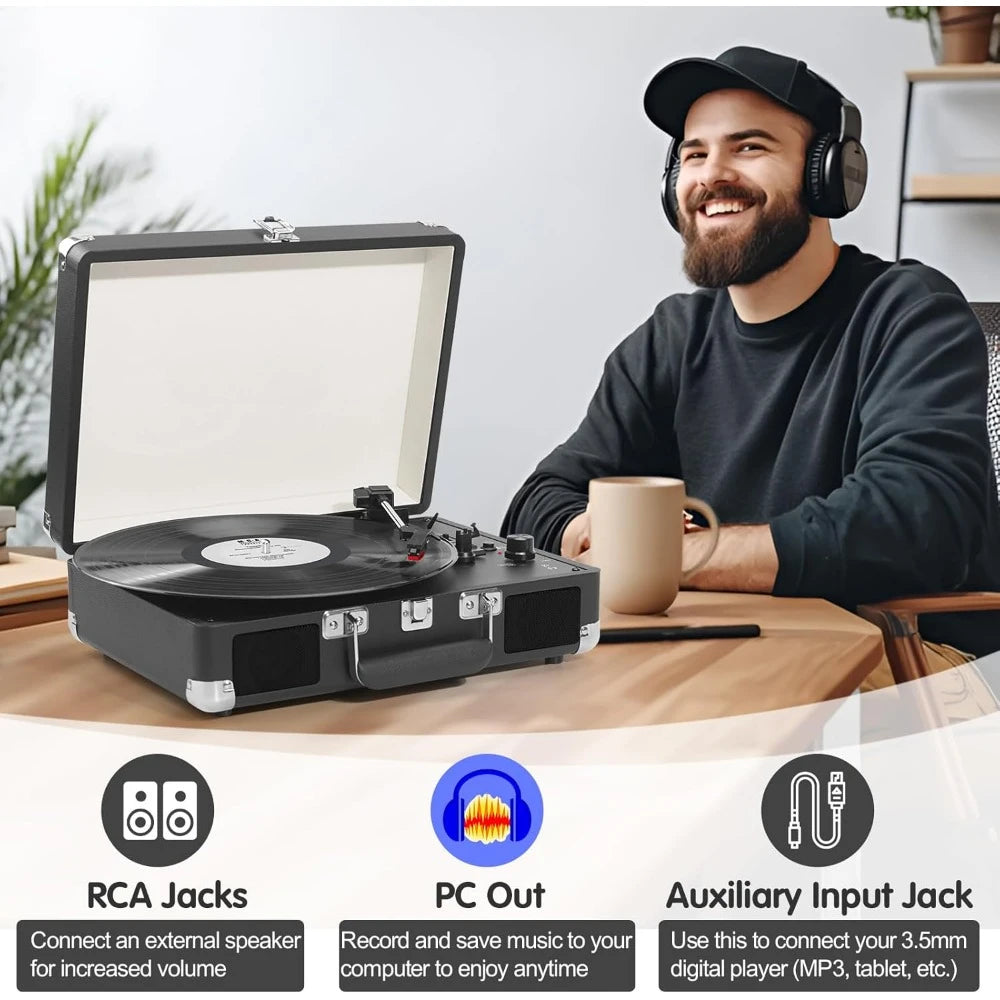 Portable Suitcase LP Player, 3-Speed Belt Drive, Bluetooth Vinyl Record Player