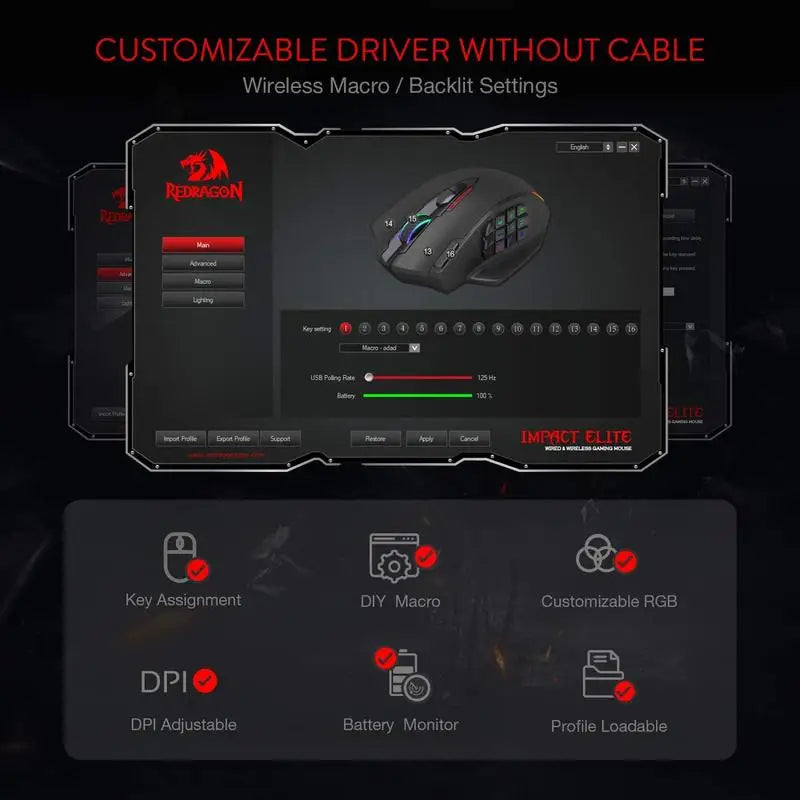 Redragon M913 Gaming 16000 DPI Wired 2.4Ghz Wireless RGB Optical Gamer Mice 16 Programmable Buttons