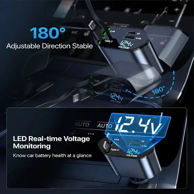 4 in 1 120W Car Charger Retractable Car Cigarette Lighter Adapter USB Type C Fast Charger Cable