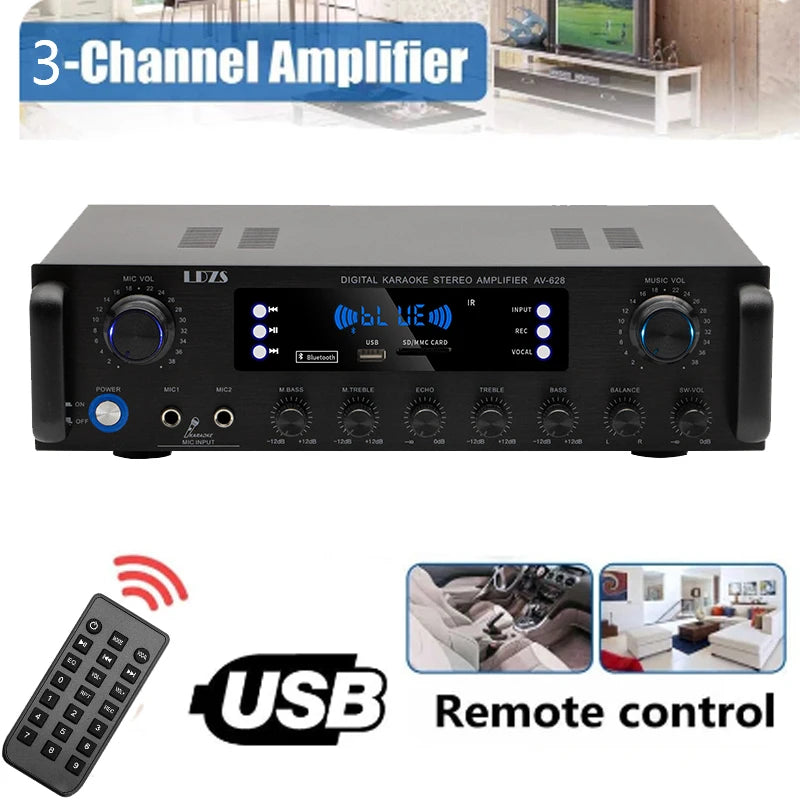 LDZS Wireless Bluetooth Amplifier, Stereo Speaker, Home Audio Receiver, FM Radio, USB, 2 Microphones, Echo, 3 Channels, 1600 W