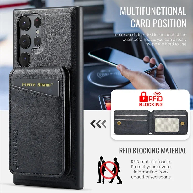 2 In 1 Magsafe Magnetic Leather Flip Phone Case for Samsung S25 S24 S23 S22 Ultra Plus FE Wallet Cover Cards Holder Pocket Cover