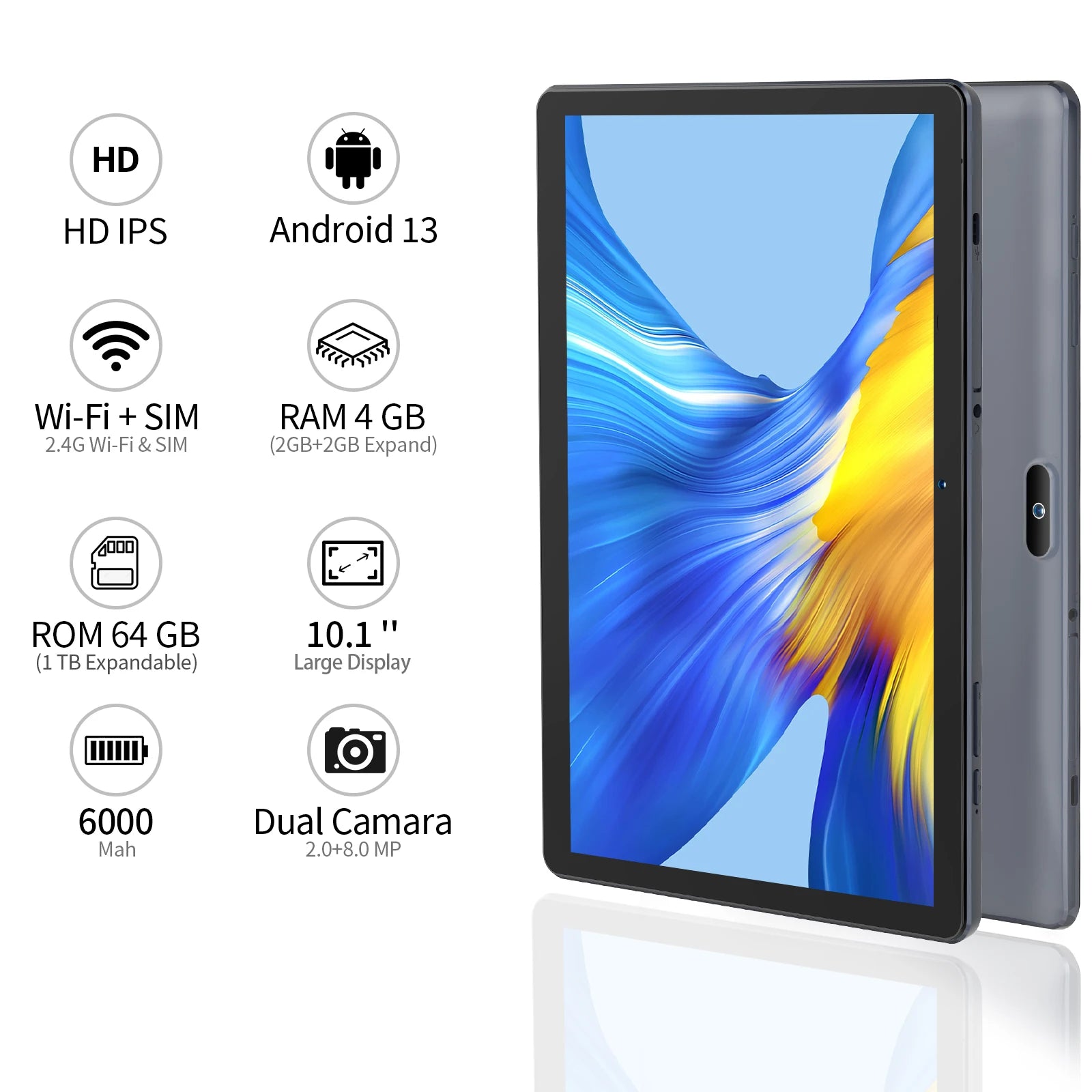 PRITOM 10.1 Inch Tablet PC Android 13 64 GB Quad Core Touch Screen WiFi