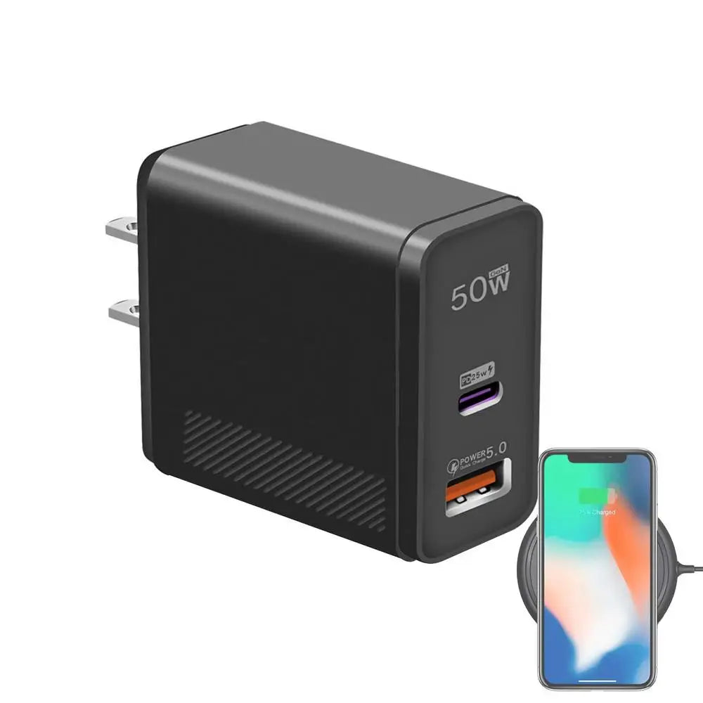 GaN Charger Plug 50W GaN Dual Port Wall Charger USB Charging Block Plug Station Hub USB C & QC Power Adapter For Tablets Smart