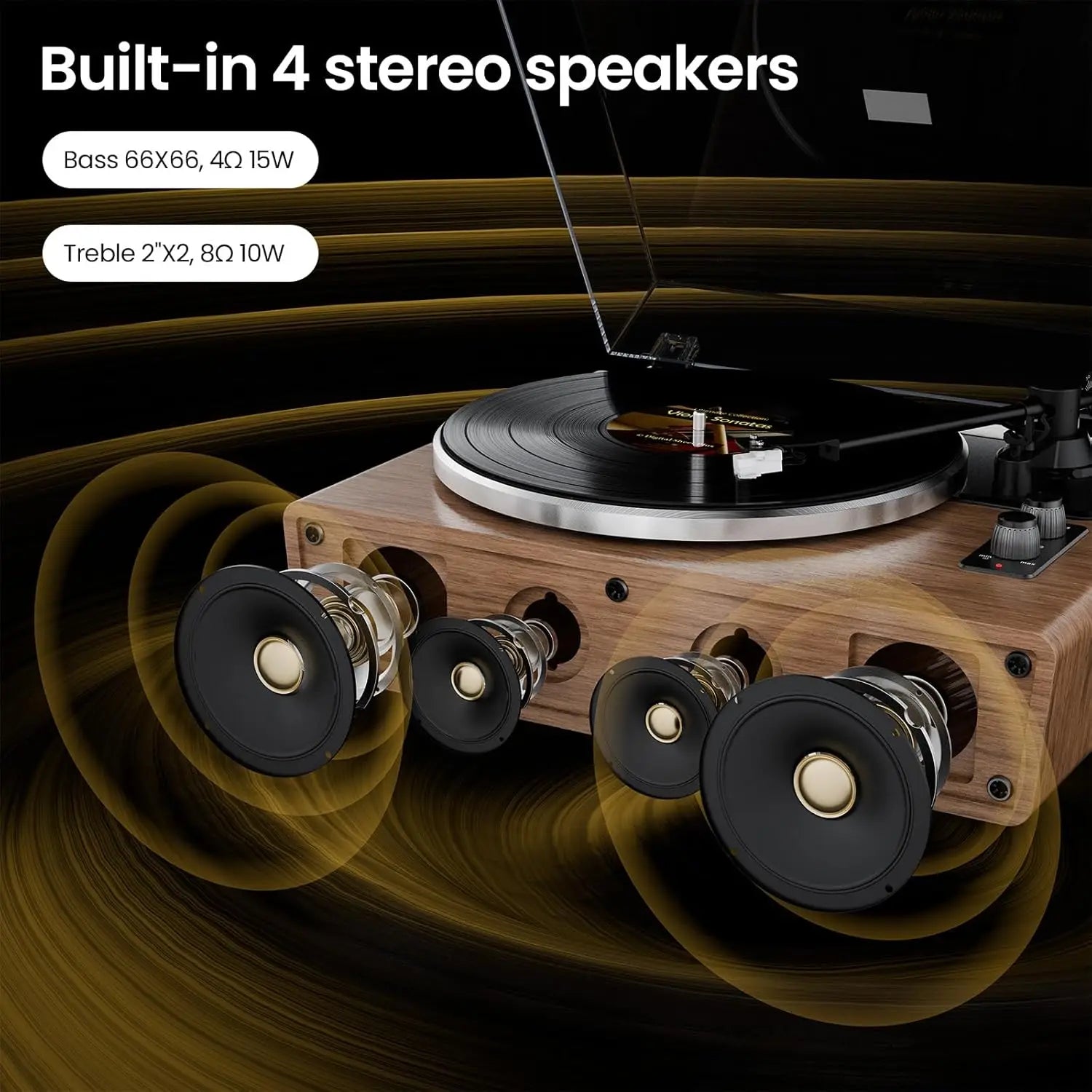 XJ-HOME All in One Vinyl Record Player with 4 Treble/Bass Stereo Speakers,Bluetooth AT-3600L,Phono Preamp,33/45RPM,2-Speed,AUX in/RCA Out
