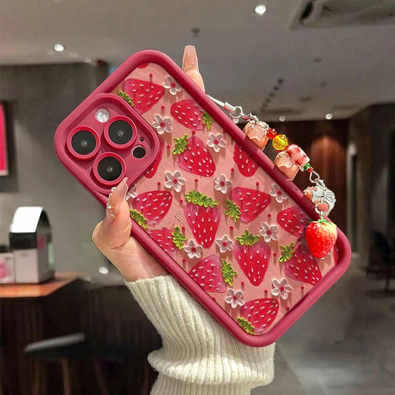 Flower Strawberry Painting Pendant Chain Phone Case For iPhone 17 16 15 14 13 12 11 Pro Max 16E XS X XR 7 8 Plus