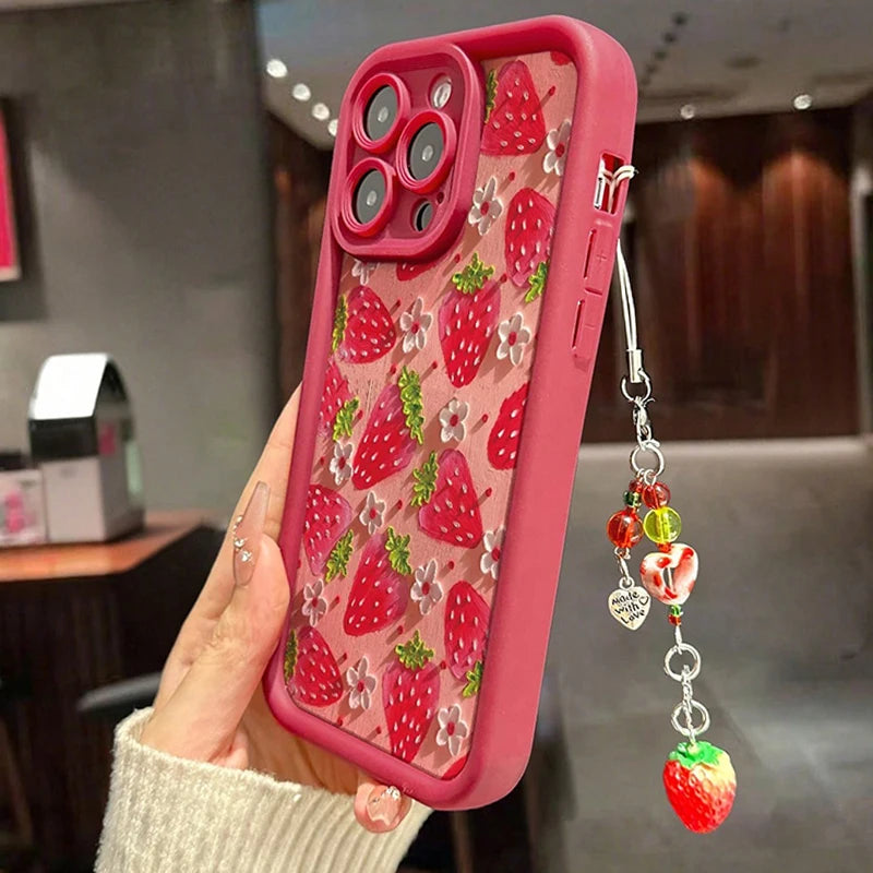 Flower Strawberry Painting Pendant Chain Phone Case For iPhone 17 16 15 14 13 12 11 Pro Max 16E XS X XR 7 8 Plus