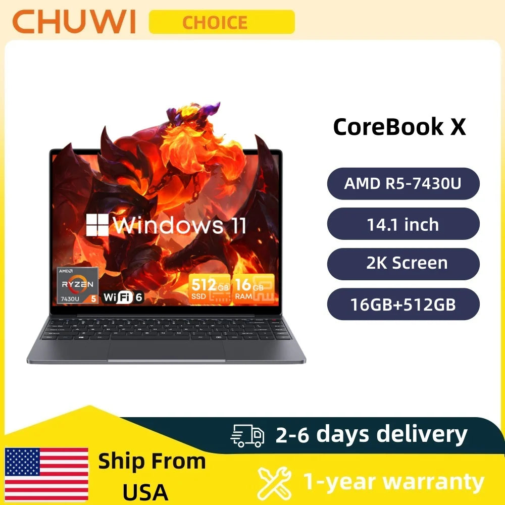 CHUWI CoreBook X Gaming Laptop 14.1 inch 2K IPS Screen AMD R5-7430U 16GB DDR4 RAM 512GB SSD Windows 11